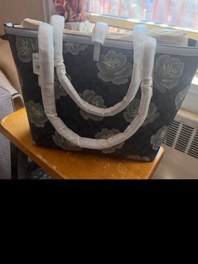 Coach Edie 31 Charcoal Sky Signature Rose Print Shoulder Bag Leather Canvas NEW